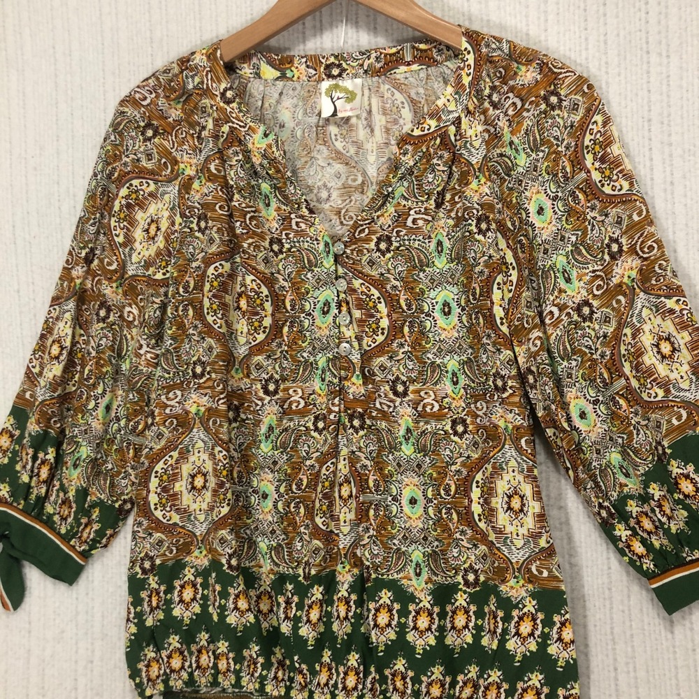 Fig & Flower Paisley Print Button Down Top Women's Green Brown 3/4 Sleeve